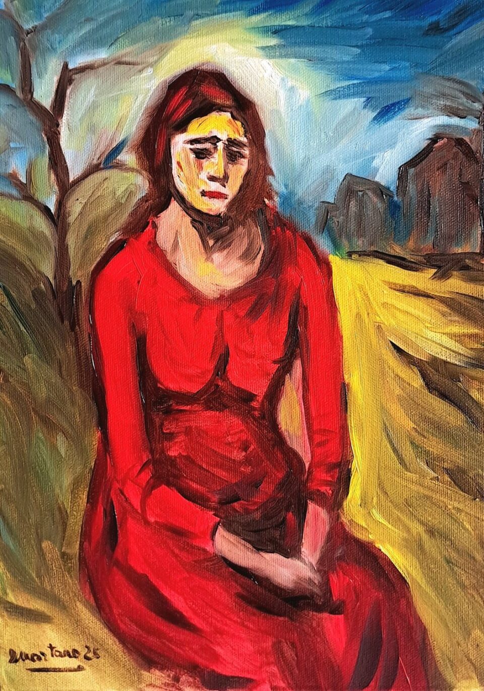 Expressionist portrait, oil on canvas, with a figure in red, work “The Echo of the Wind” by Enzo Martano