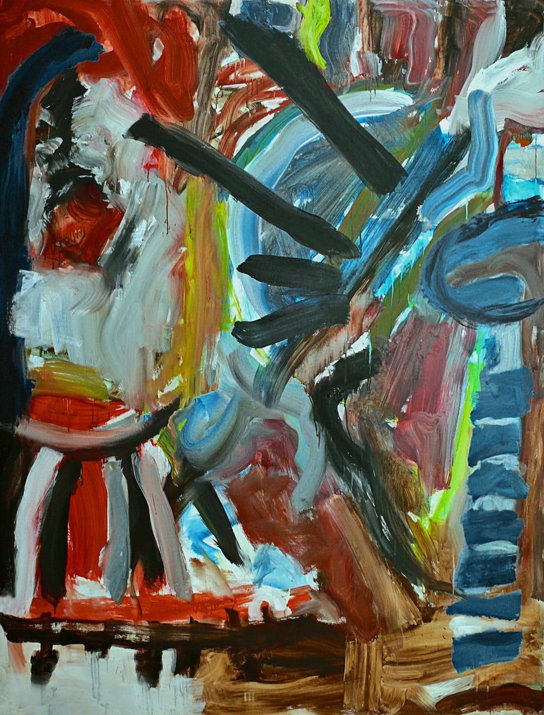 Pittura astratta con pennellate audaci in rosso, bianco, nero e blu.